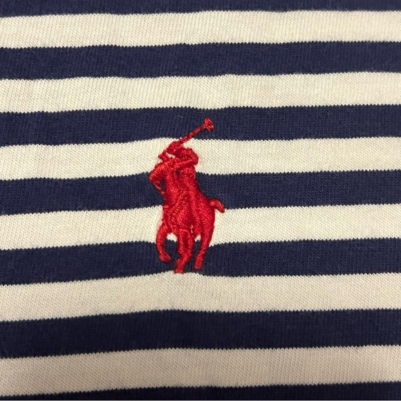 Polo Ralph Lauren Men’s Striped Navy and White T-Shirt with Red Trim Large - Picture 3 of 10